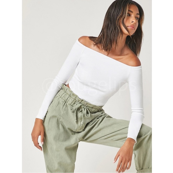 White Off The Shoulder Long Sleeve Crop Top Fitted - Picture 6 of 7